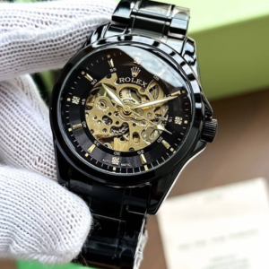 Black Skeleton Automatic Watch with Gold Accents (Rolex-Inspired)
