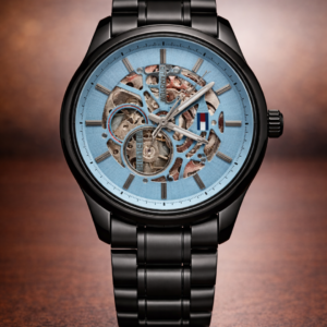 Luxury-Inspired Skeleton Dial Wrist Watch | Blue Transparent Face | Black Textured Strap